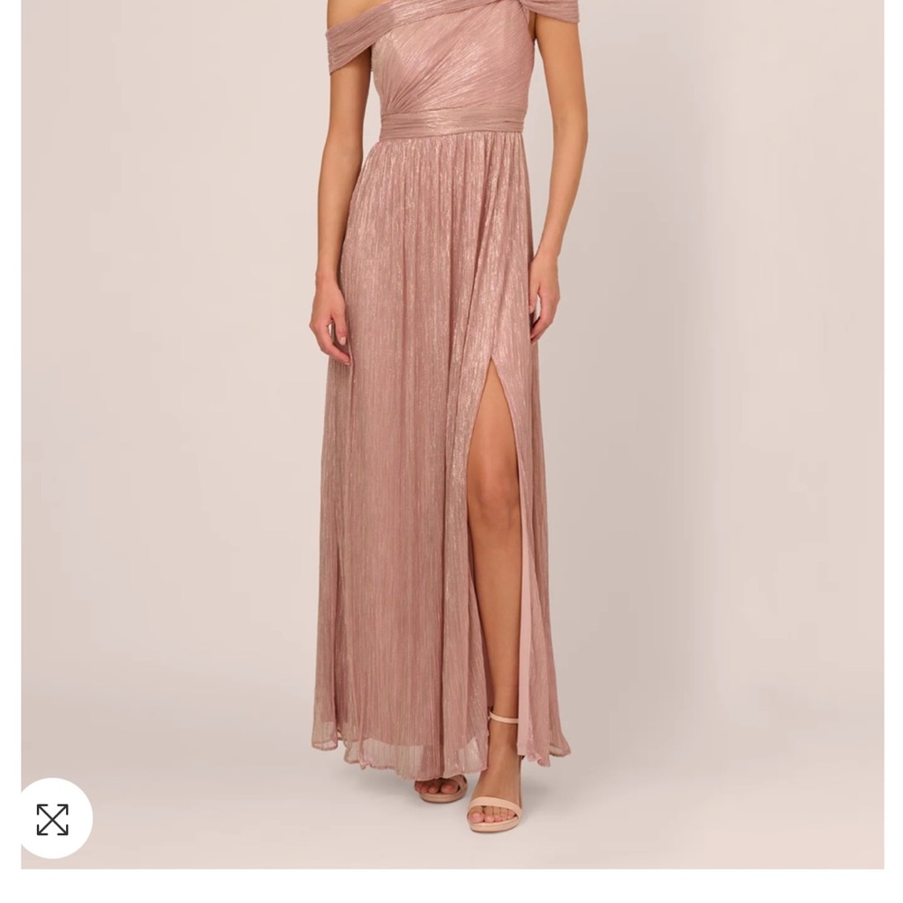 Adrianna Papell Crinkle Metallic Gown With Asymmetrical Neckline In Petal
Gold